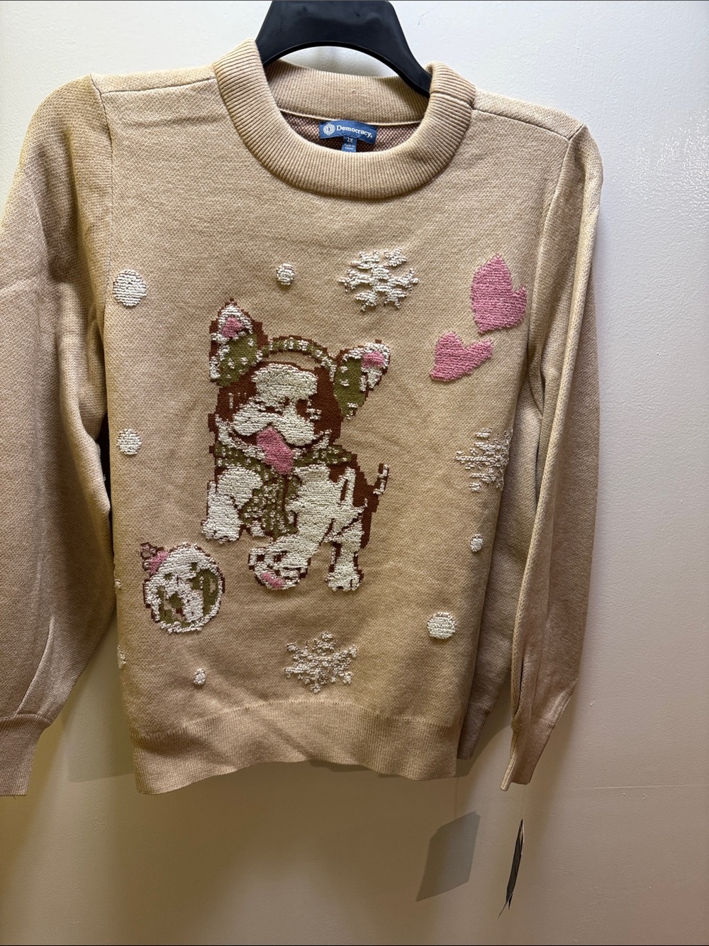 Democracy Beige Knit Crewneck Sweater with Pink Accents